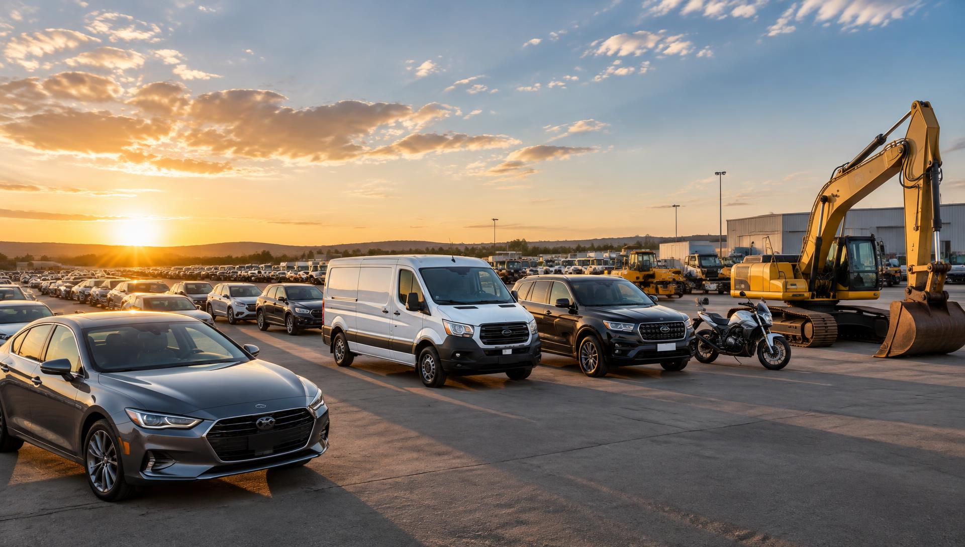 Rows of cars, vans and plant machinery in an auction yard